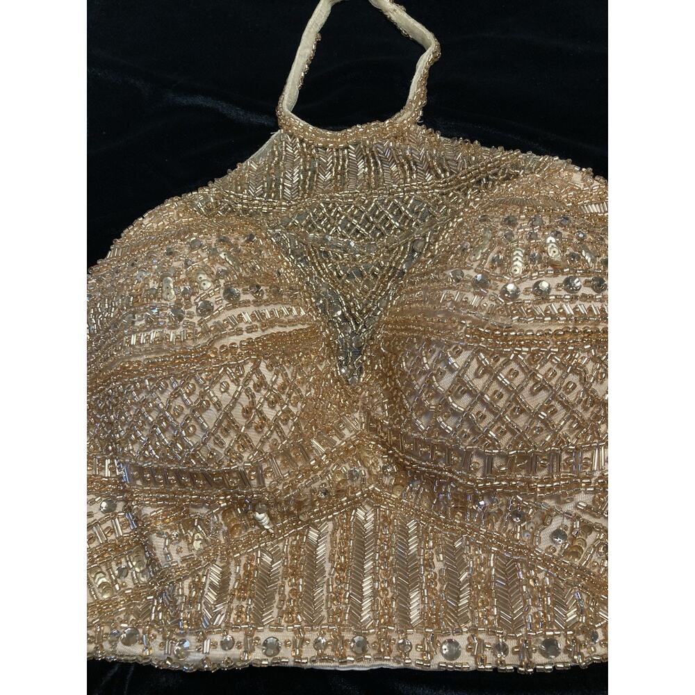 Rachel Allan Hand Beaded Halter Bodice Top Size 4 Champagne Gold